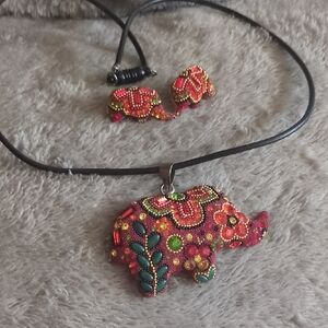 Colorful Sterling Silver Elephant Pendant Necklace and Earrings Set